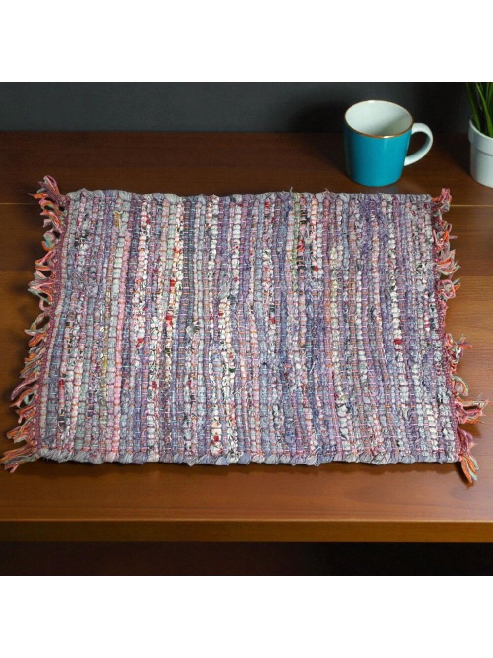Handwoven Multicolor Rag Rug Placemats With Fringe Cotton & Polyester Boho Table